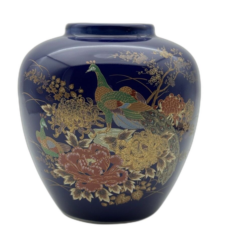 Bijutsu Toki Japanese Peacock Vase Jar Chrysanthemums Blue Raised Enamel Details